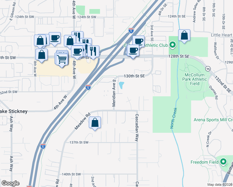 map of restaurants, bars, coffee shops, grocery stores, and more near 13127 Meridian Avenue South in Everett