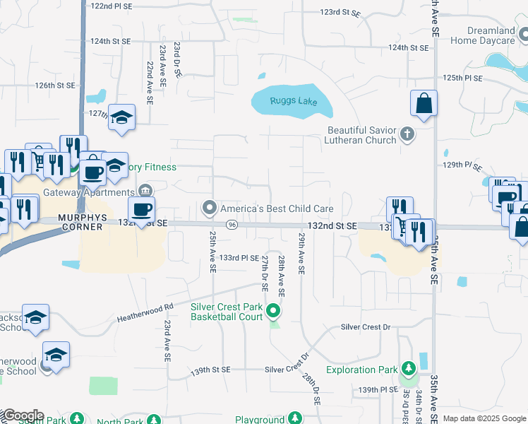 map of restaurants, bars, coffee shops, grocery stores, and more near 13116 27th Drive Southeast in Everett