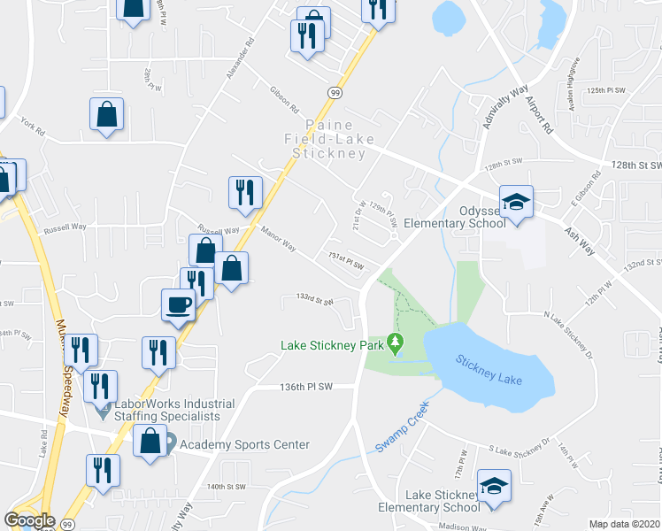 map of restaurants, bars, coffee shops, grocery stores, and more near 2208 132nd Street Southwest in Everett