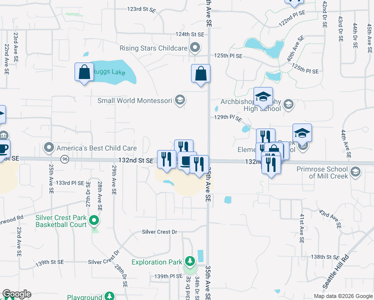 map of restaurants, bars, coffee shops, grocery stores, and more near 3309 132nd Street Southeast in Everett