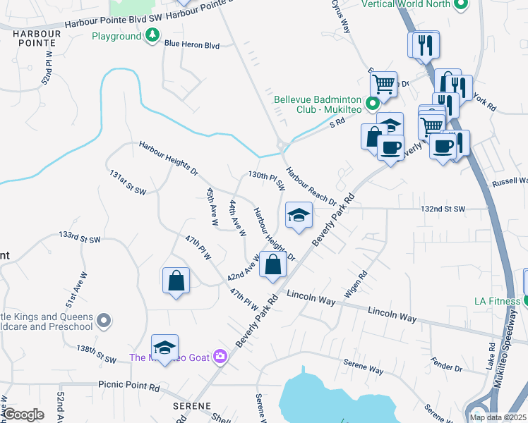 map of restaurants, bars, coffee shops, grocery stores, and more near 13214 Harbour Heights Drive in Mukilteo