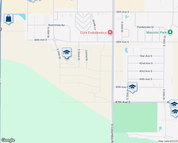 map of restaurants, bars, coffee shops, grocery stores, and more near 43rd Avenue South in Grand Forks