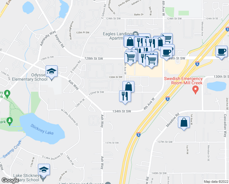 map of restaurants, bars, coffee shops, grocery stores, and more near 900 132nd Street Southwest in Everett