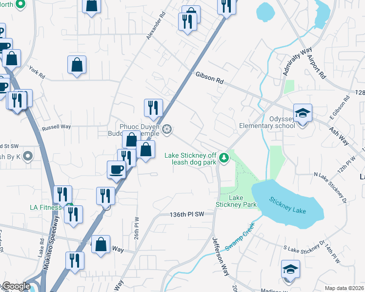 map of restaurants, bars, coffee shops, grocery stores, and more near 2312 Manor Way in Everett