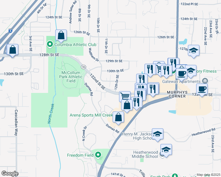 map of restaurants, bars, coffee shops, grocery stores, and more near 1117 132nd Street Southeast in Everett