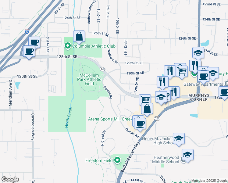map of restaurants, bars, coffee shops, grocery stores, and more near 13401 Dumas Road in Mill Creek