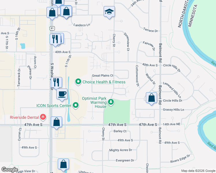 map of restaurants, bars, coffee shops, grocery stores, and more near 833 Great Plains Court in Grand Forks