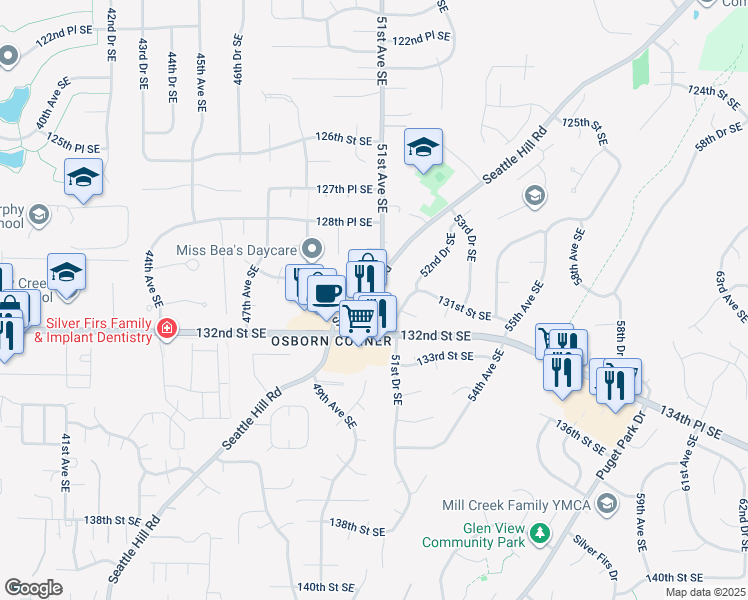 map of restaurants, bars, coffee shops, grocery stores, and more near 13119 Seattle Hill Road in Snohomish