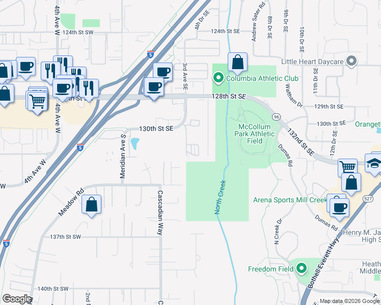 map of restaurants, bars, coffee shops, grocery stores, and more near 13115 3rd Avenue Southeast in Everett
