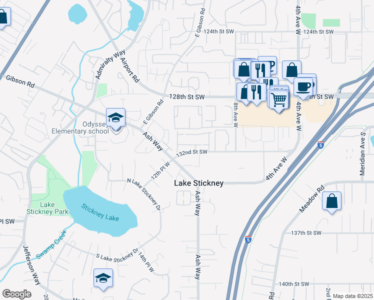 map of restaurants, bars, coffee shops, grocery stores, and more near 1121 132nd Street Southwest in Everett