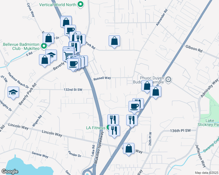 map of restaurants, bars, coffee shops, grocery stores, and more near 3020 Russell Way in Lynnwood