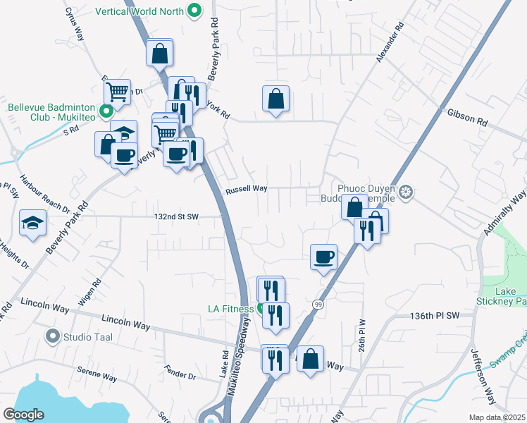 map of restaurants, bars, coffee shops, grocery stores, and more near 3020 Russell Way in Lynnwood
