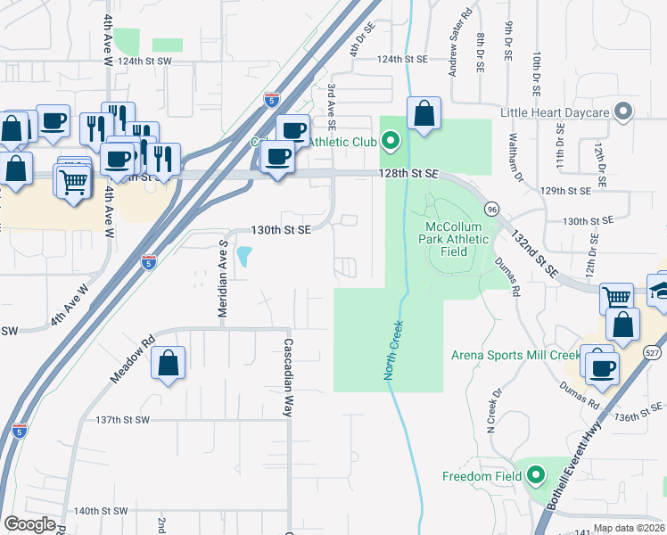 map of restaurants, bars, coffee shops, grocery stores, and more near 13115 3rd Avenue Southeast in Everett