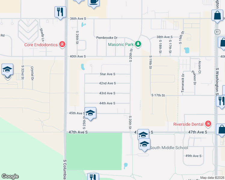map of restaurants, bars, coffee shops, grocery stores, and more near 2201 43rd Avenue South in Grand Forks