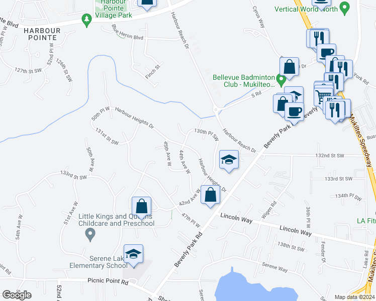 map of restaurants, bars, coffee shops, grocery stores, and more near 13118 Harbour Heights Drive in Mukilteo