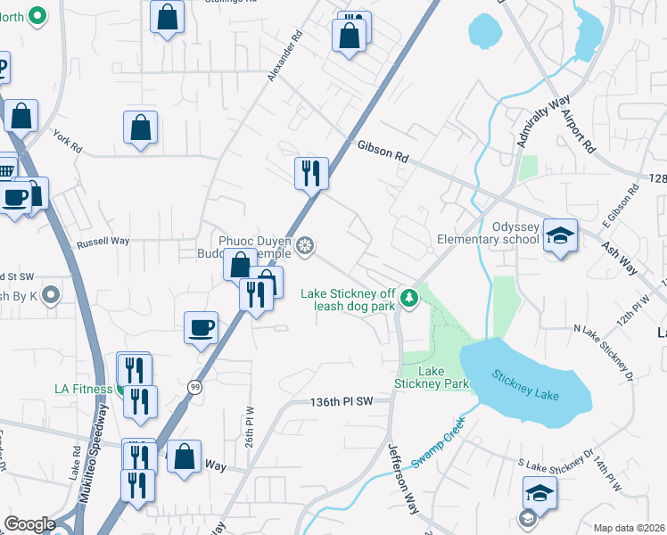 map of restaurants, bars, coffee shops, grocery stores, and more near 2312 Manor Way in Everett