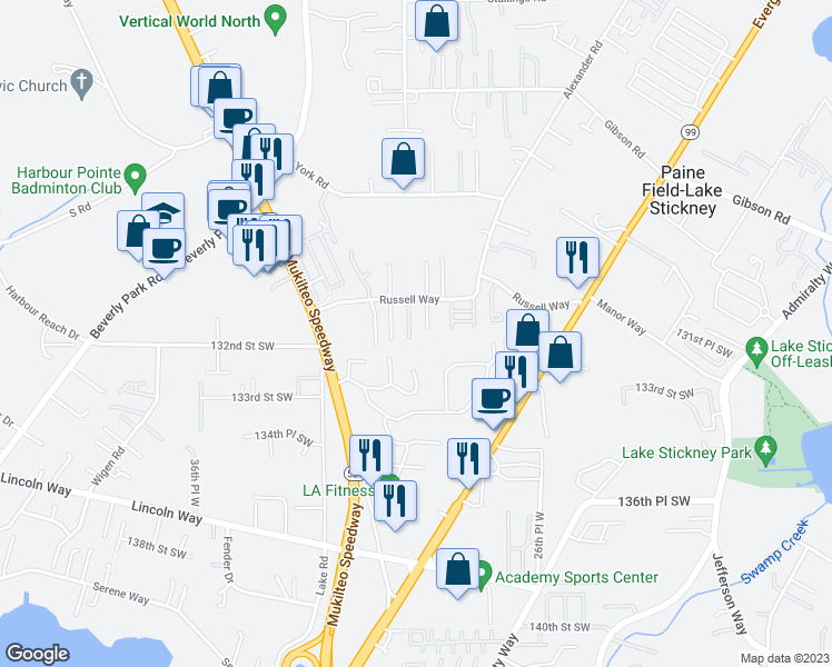 map of restaurants, bars, coffee shops, grocery stores, and more near 13320 Highway 99 in Everett