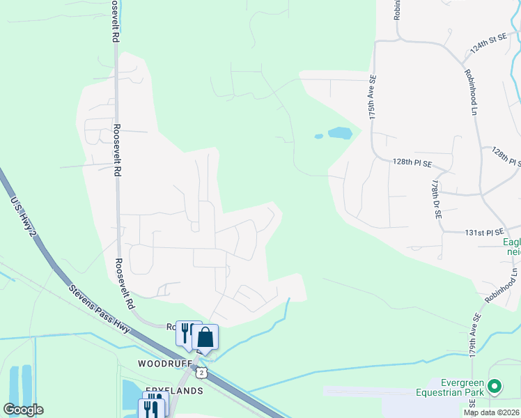 map of restaurants, bars, coffee shops, grocery stores, and more near 13113 Bald Mountain Road Southeast in Monroe
