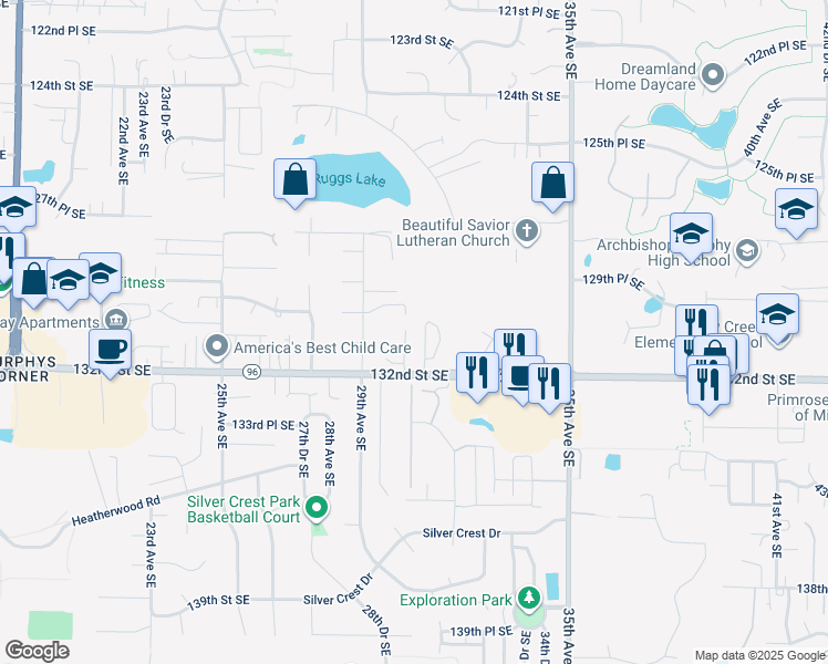map of restaurants, bars, coffee shops, grocery stores, and more near 13121 30th Avenue Southeast in Everett