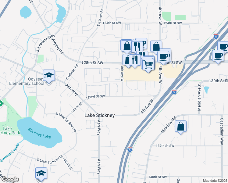 map of restaurants, bars, coffee shops, grocery stores, and more near 909 132nd Street Southwest in Everett