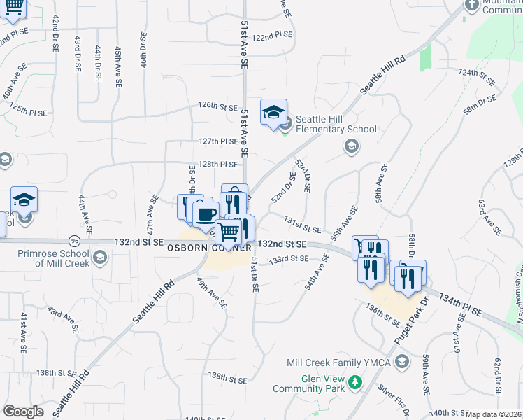 map of restaurants, bars, coffee shops, grocery stores, and more near 13016 51st Drive Southeast in Everett