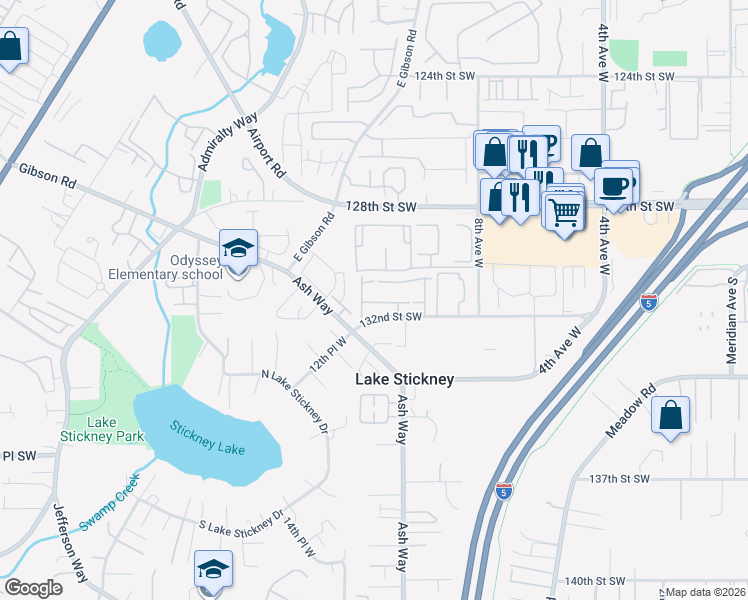 map of restaurants, bars, coffee shops, grocery stores, and more near 1129 132nd Street Southwest in Everett
