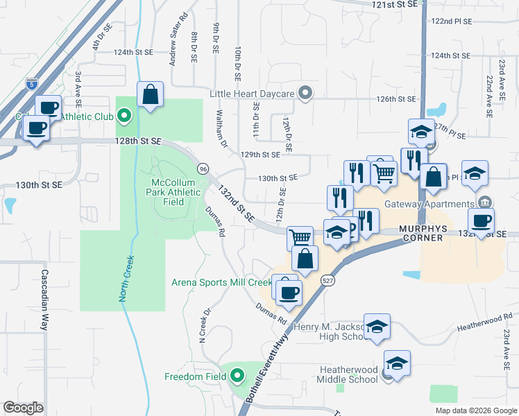 map of restaurants, bars, coffee shops, grocery stores, and more near 1120 131st Street Southeast in Everett