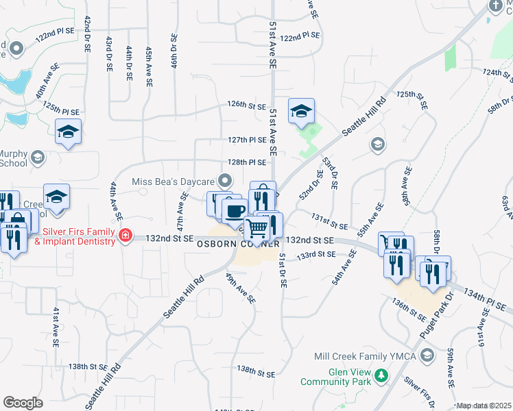 map of restaurants, bars, coffee shops, grocery stores, and more near 13119 Seattle Hill Road in Snohomish