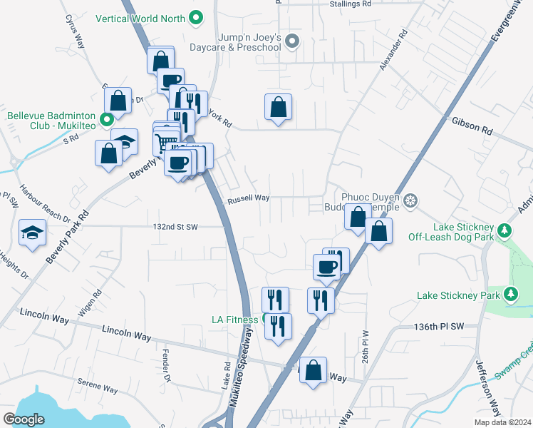map of restaurants, bars, coffee shops, grocery stores, and more near 3020 Russell Way in Lynnwood