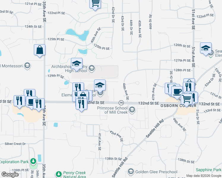 map of restaurants, bars, coffee shops, grocery stores, and more near 13111 42nd Avenue Southeast in Everett