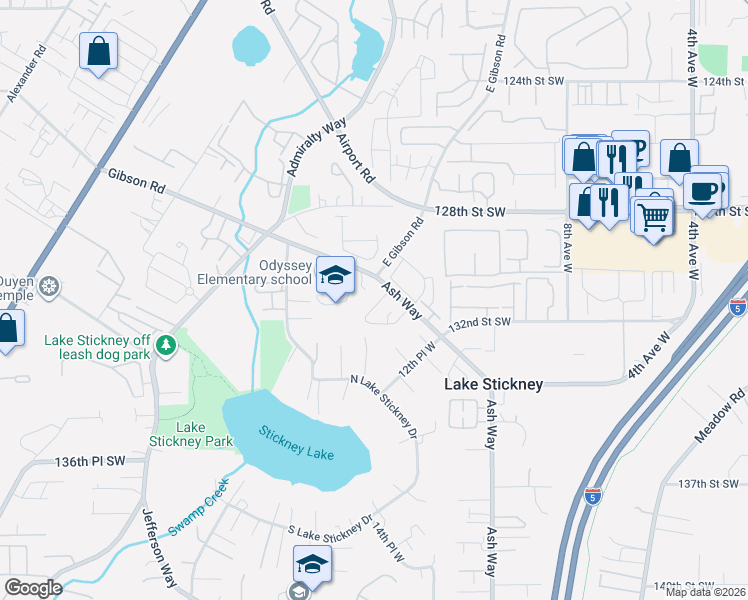 map of restaurants, bars, coffee shops, grocery stores, and more near 1410 Gibson Road in Everett