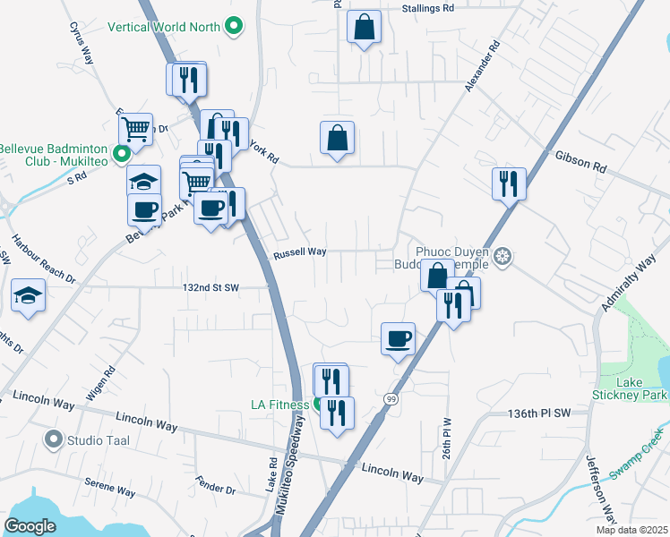 map of restaurants, bars, coffee shops, grocery stores, and more near 2927 Russell Way in Lynnwood
