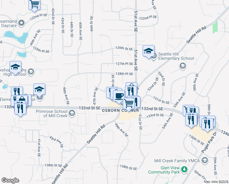 map of restaurants, bars, coffee shops, grocery stores, and more near 13005 48th Drive Southeast in Everett