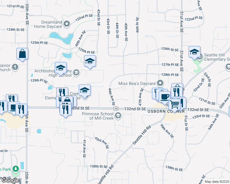 map of restaurants, bars, coffee shops, grocery stores, and more near 4401 130th Street Southeast in Everett