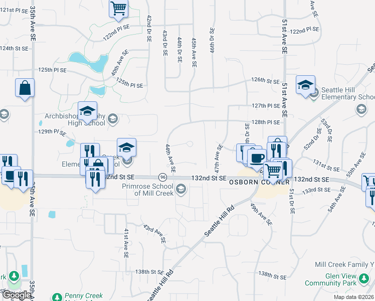 map of restaurants, bars, coffee shops, grocery stores, and more near 4427 130th Street Southeast in Everett