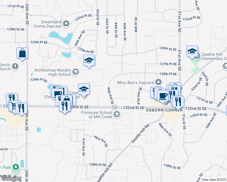 map of restaurants, bars, coffee shops, grocery stores, and more near 4401 130th Street Southeast in Everett