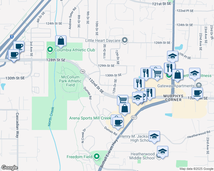 map of restaurants, bars, coffee shops, grocery stores, and more near 1110 130th Street Southeast in Everett