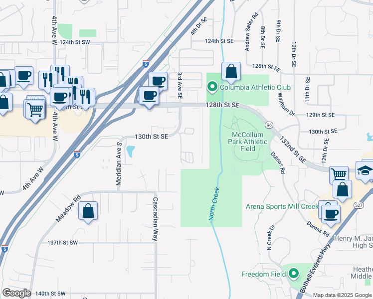 map of restaurants, bars, coffee shops, grocery stores, and more near 13003 3rd Avenue Southeast in Everett