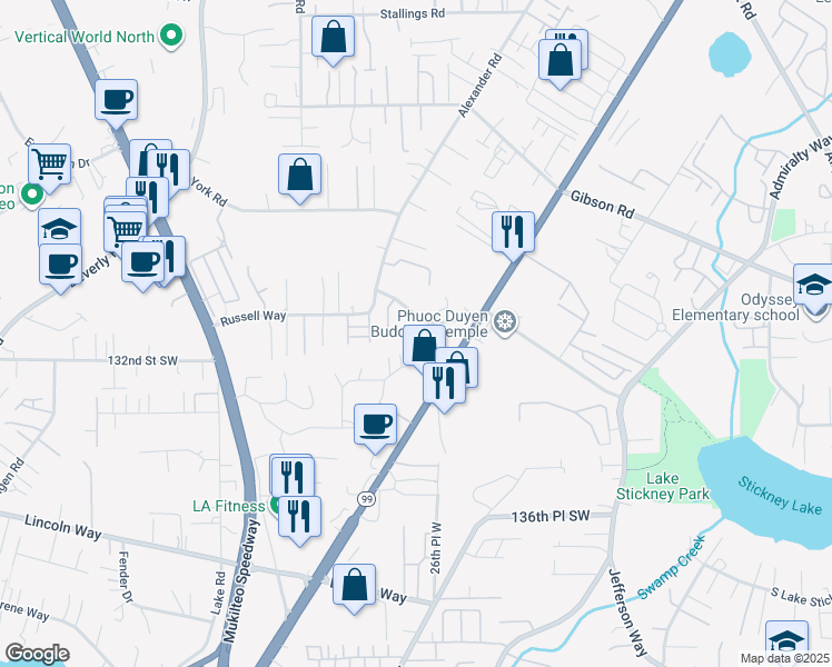 map of restaurants, bars, coffee shops, grocery stores, and more near 2624 Russell Way in Everett