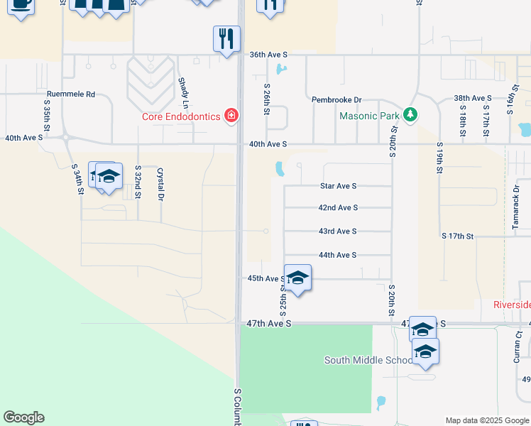 map of restaurants, bars, coffee shops, grocery stores, and more near South 25th Street in Grand Forks