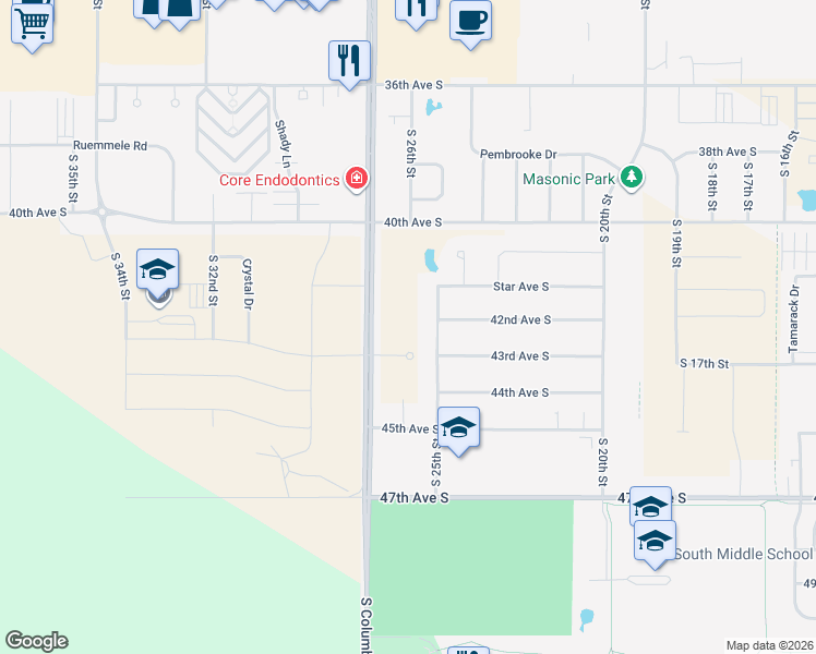 map of restaurants, bars, coffee shops, grocery stores, and more near South 25th Street in Grand Forks