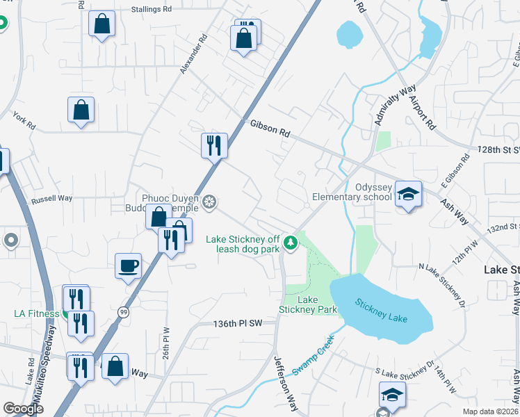 map of restaurants, bars, coffee shops, grocery stores, and more near 2121 131 Lane Southwest in Everett