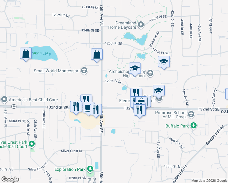 map of restaurants, bars, coffee shops, grocery stores, and more near 3613 130th Place Southeast in Everett