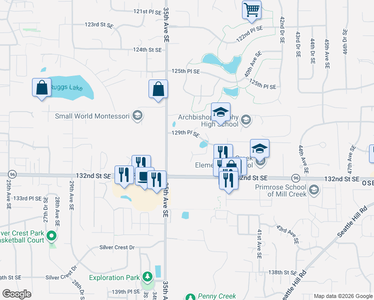 map of restaurants, bars, coffee shops, grocery stores, and more near 3613 130th Place Southeast in Everett