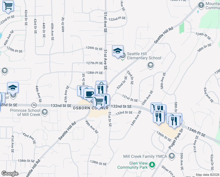 map of restaurants, bars, coffee shops, grocery stores, and more near 12829 Seattle Hill Road in Snohomish