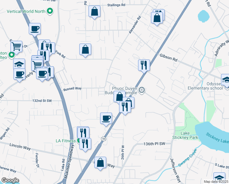 map of restaurants, bars, coffee shops, grocery stores, and more near 13031 27th Place West in Everett