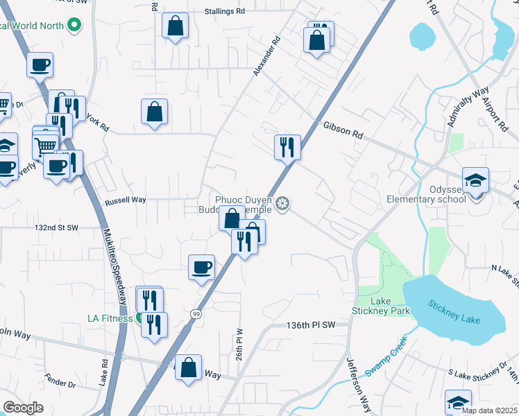 map of restaurants, bars, coffee shops, grocery stores, and more near 13016 Washington 99 in Everett