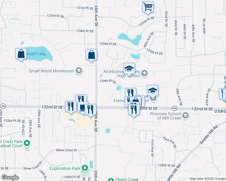 map of restaurants, bars, coffee shops, grocery stores, and more near 3621 130th Place Southeast in Everett