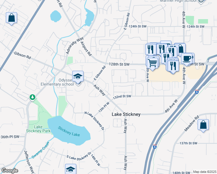map of restaurants, bars, coffee shops, grocery stores, and more near 12907 East Gibson Road in Everett