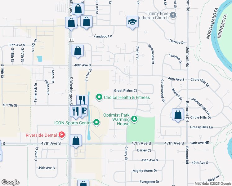 map of restaurants, bars, coffee shops, grocery stores, and more near 815 40th Avenue South in Grand Forks
